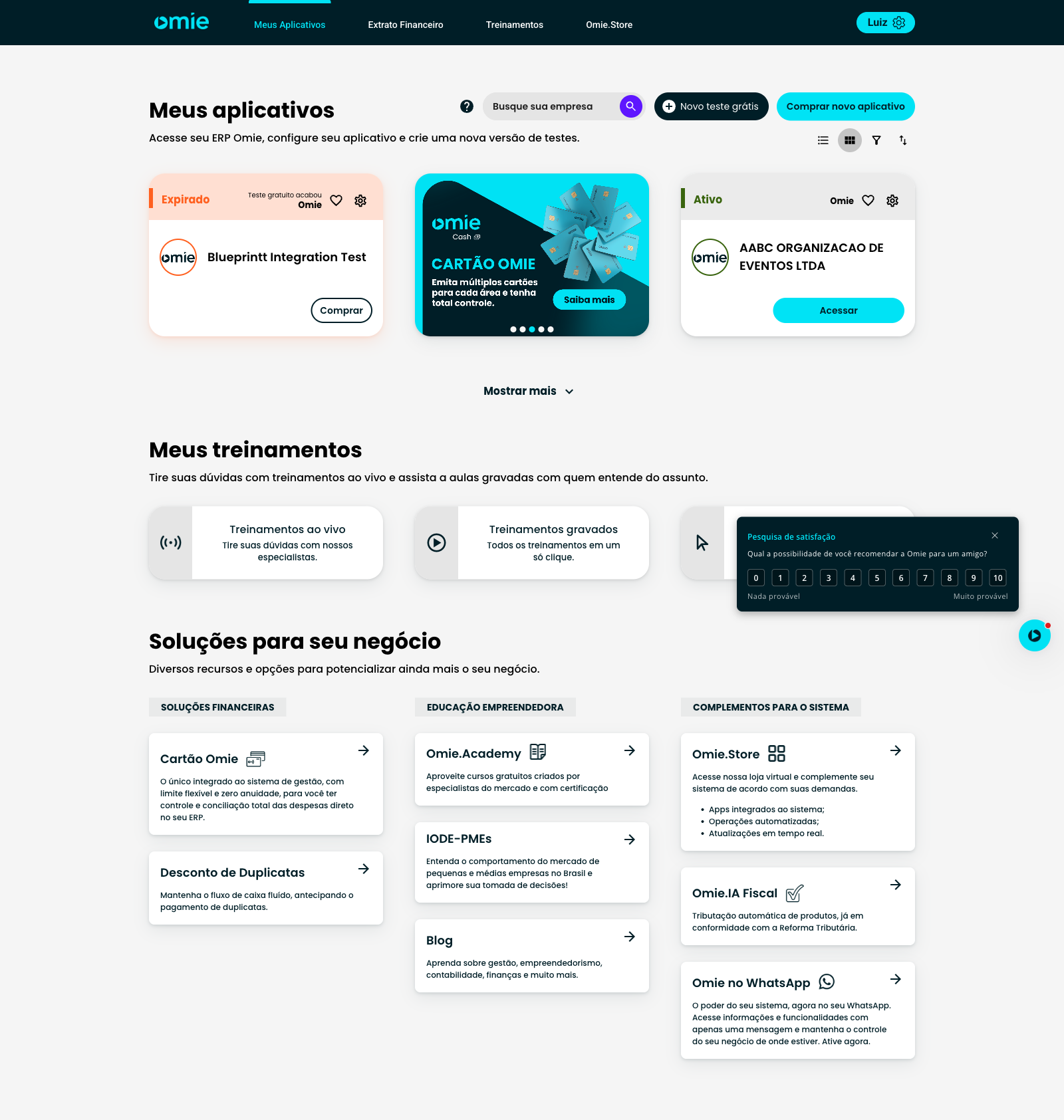 Portal Omie · Meus Aplicativos · sandbox criado